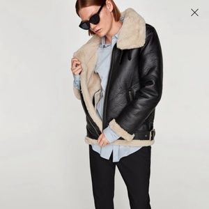 ZARA BLACK FAUX FUR BIKER JACKET AVIATOR COAT - SIZE S